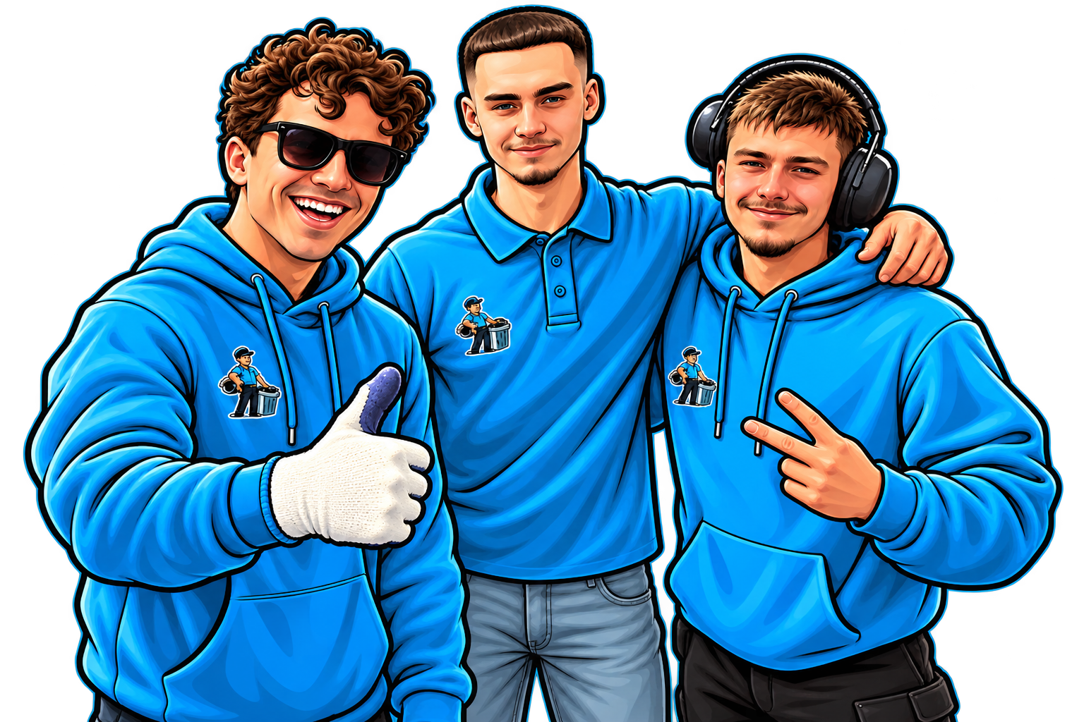 Luca on the left, Good friend in the middle, and Brandon on the right, illustrated in blue uniforms